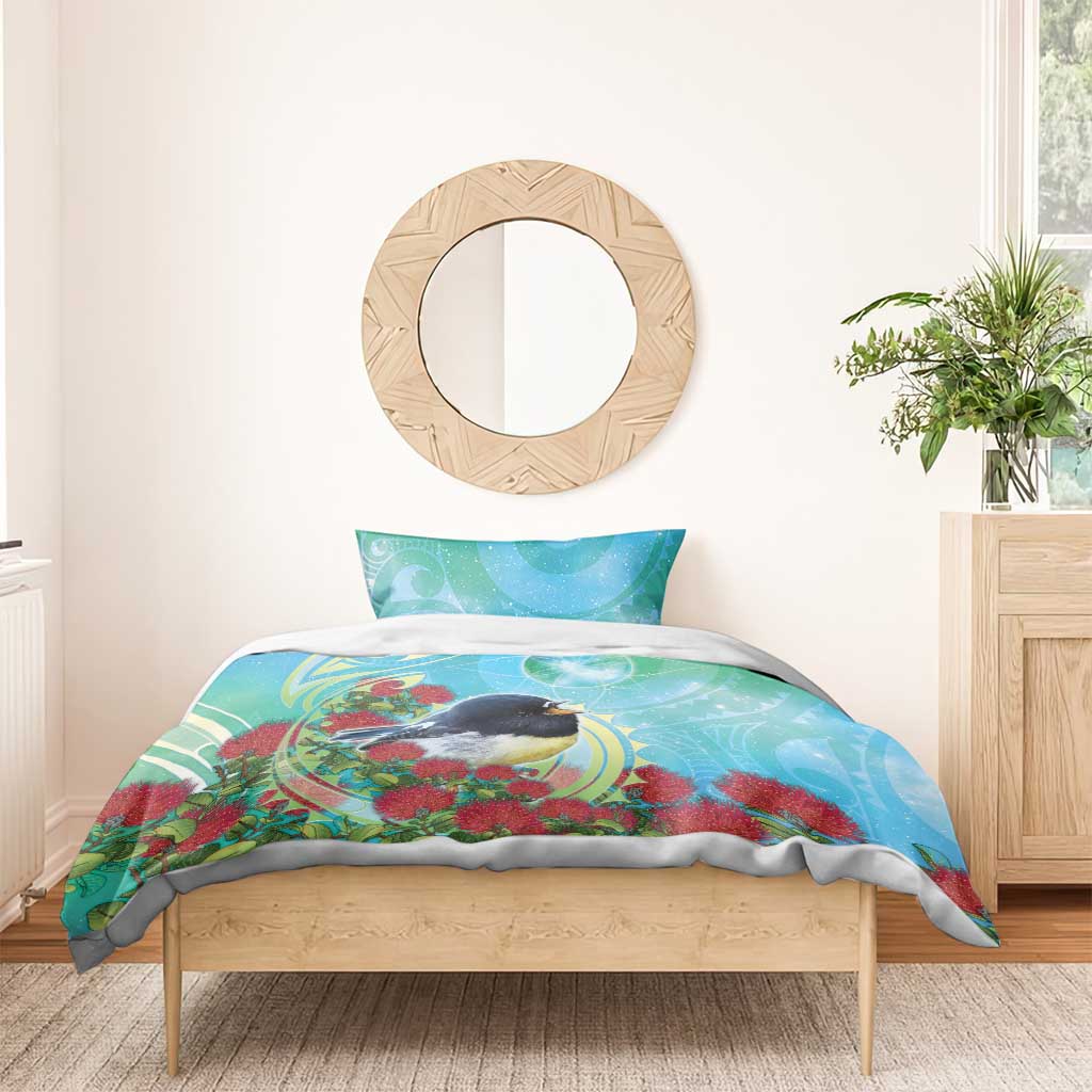 New Zealand Tomtit Bedding Set Maori Koru With Pohutukawa Galaxy Style LT05 - Polynesian Pride