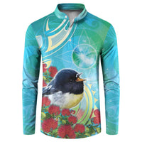 New Zealand Tomtit Button Sweatshirt Maori Koru With Pohutukawa Galaxy Style LT05 Aqua - Polynesian Pride