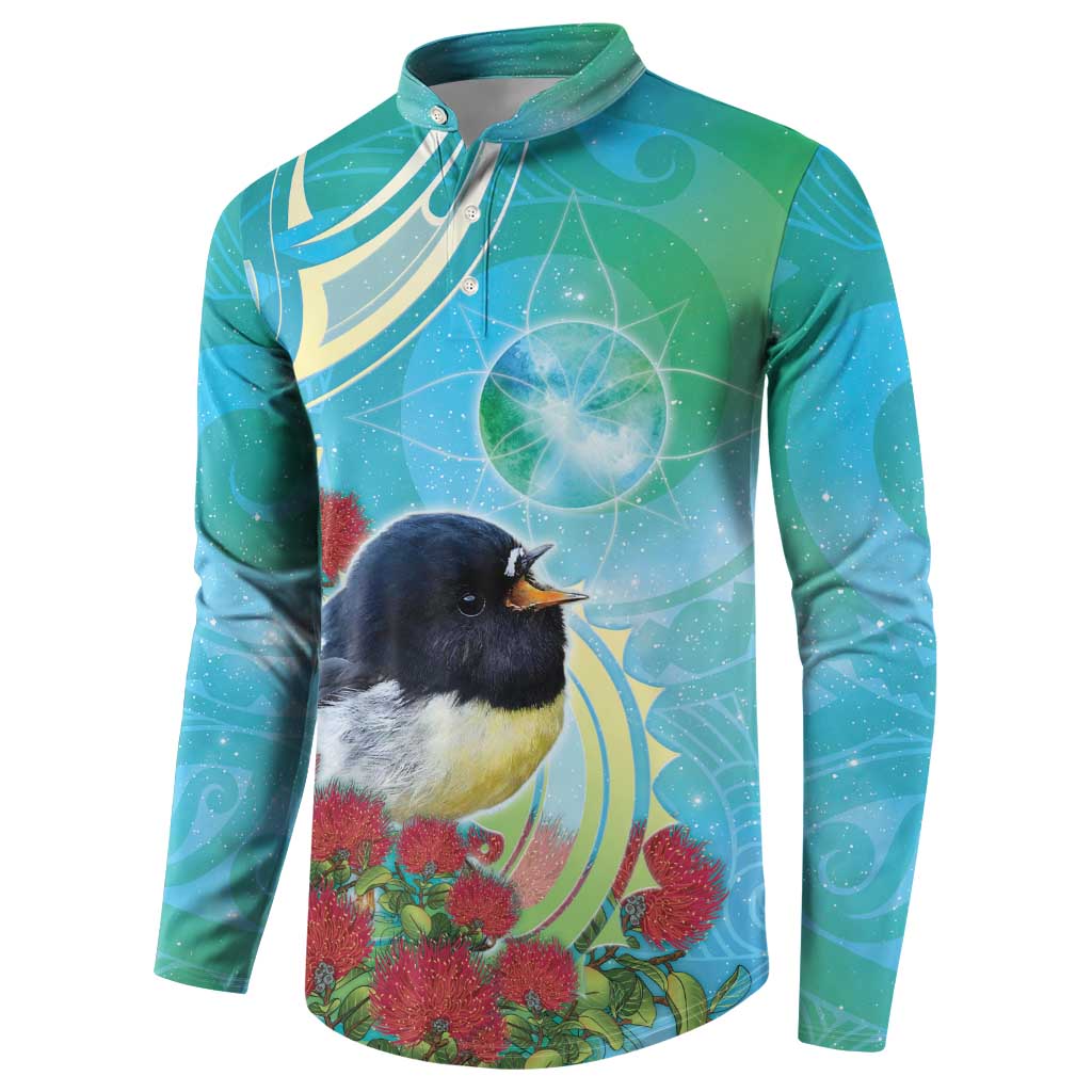 New Zealand Tomtit Button Sweatshirt Maori Koru With Pohutukawa Galaxy Style LT05 - Polynesian Pride