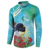 New Zealand Tomtit Button Sweatshirt Maori Koru With Pohutukawa Galaxy Style LT05 - Polynesian Pride