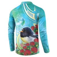 New Zealand Tomtit Button Sweatshirt Maori Koru With Pohutukawa Galaxy Style LT05 - Polynesian Pride