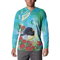 New Zealand Tomtit Button Sweatshirt Maori Koru With Pohutukawa Galaxy Style LT05 - Polynesian Pride