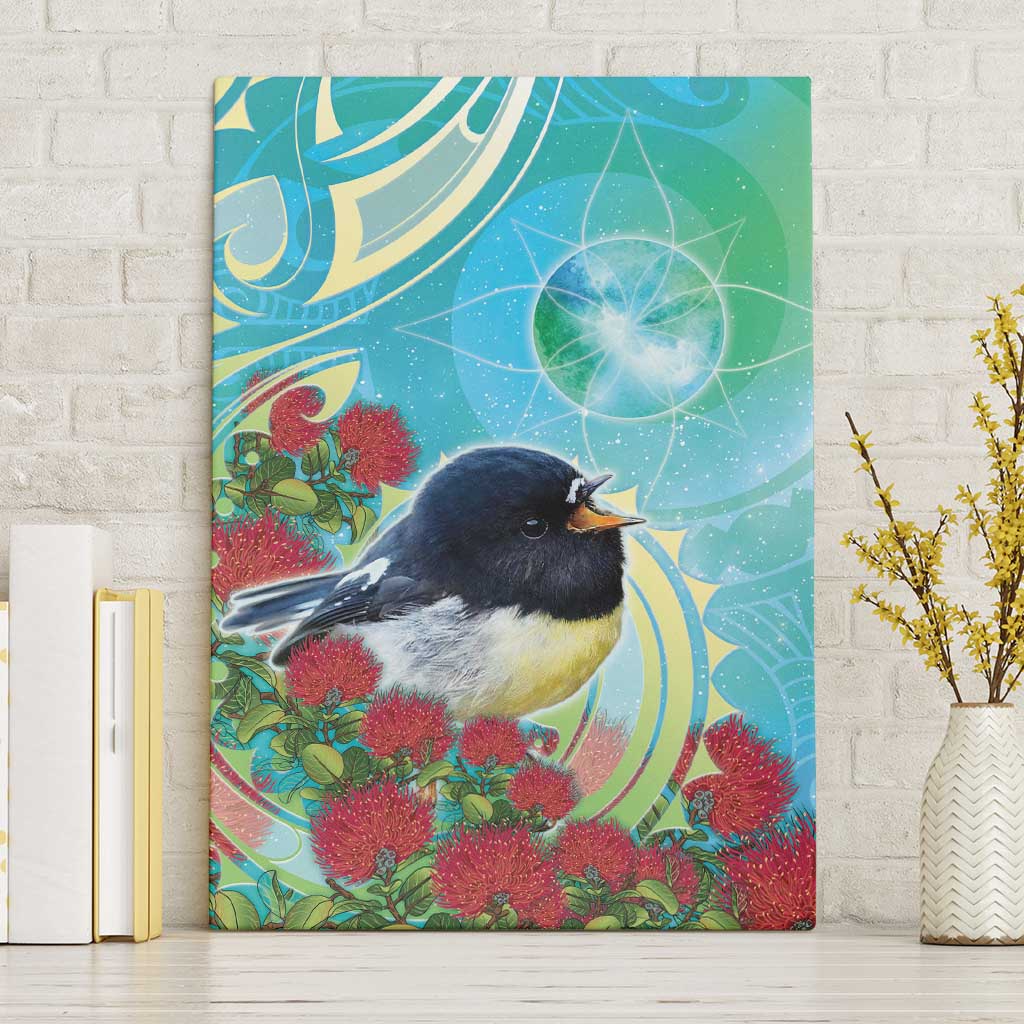 New Zealand Tomtit Canvas Wall Art Maori Koru With Pohutukawa Galaxy Style LT05 Without Frame Aqua - Polynesian Pride
