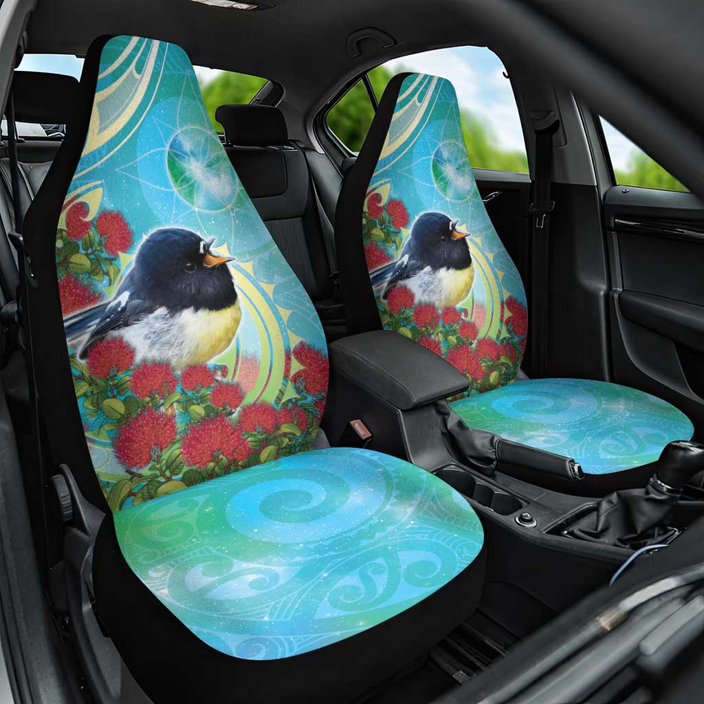 New Zealand Tomtit Car Seat Cover Maori Koru With Pohutukawa Galaxy Style LT05 One Size Aqua - Polynesian Pride