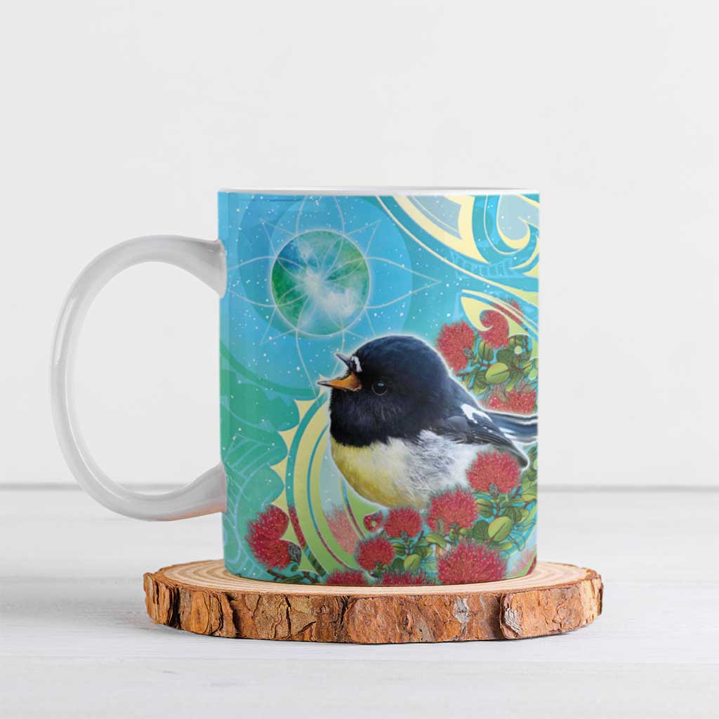 New Zealand Tomtit Ceramic Mug Maori Koru With Pohutukawa Galaxy Style LT05 Aqua - Polynesian Pride