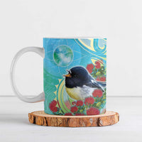 New Zealand Tomtit Ceramic Mug Maori Koru With Pohutukawa Galaxy Style LT05 Aqua - Polynesian Pride