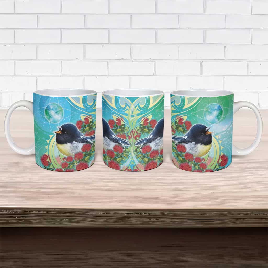 New Zealand Tomtit Ceramic Mug Maori Koru With Pohutukawa Galaxy Style LT05 - Polynesian Pride