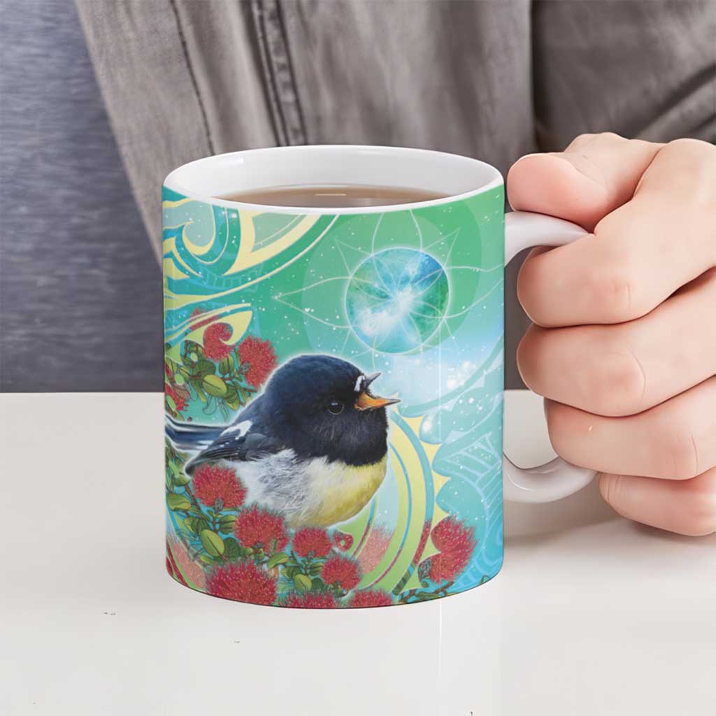 New Zealand Tomtit Ceramic Mug Maori Koru With Pohutukawa Galaxy Style LT05 - Polynesian Pride