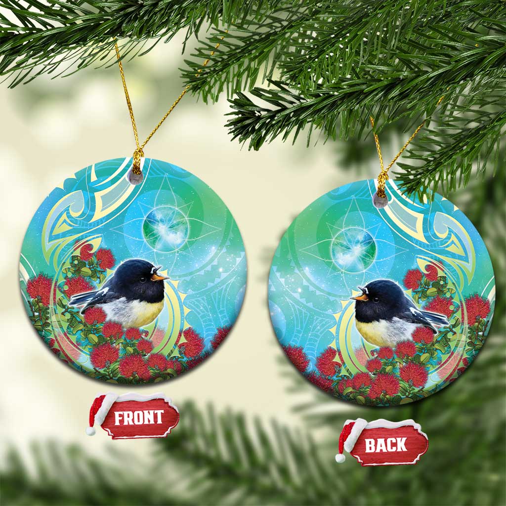 New Zealand Tomtit Ceramic Ornament Maori Koru With Pohutukawa Galaxy Style LT05 Circle Aqua - Polynesian Pride