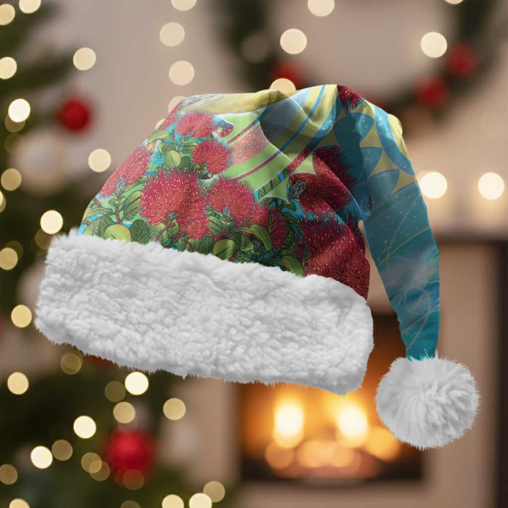New Zealand Tomtit Christmas Santa Hat Maori Koru With Pohutukawa Galaxy Style LT05 With Fur Aqua - Polynesian Pride