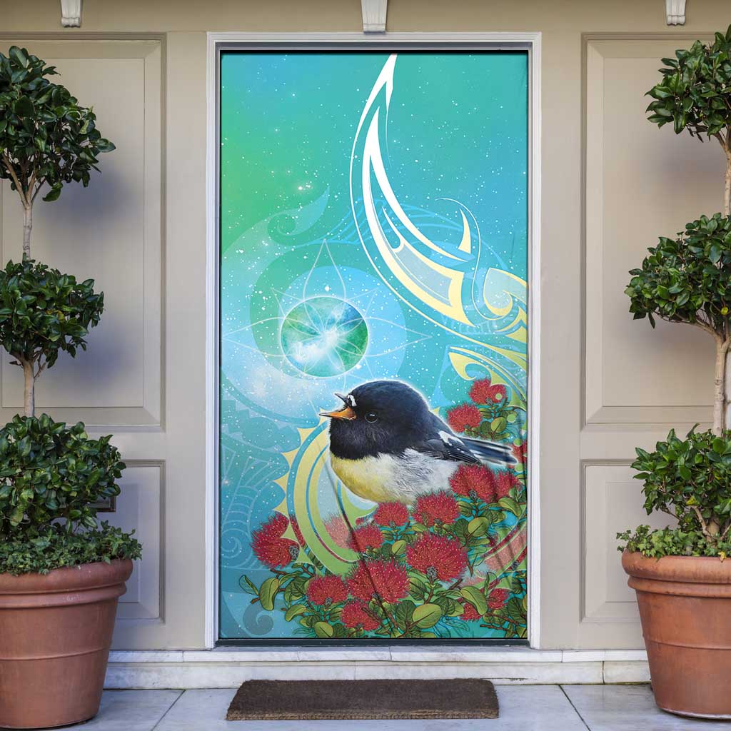 New Zealand Tomtit Door Cover Maori Koru With Pohutukawa Galaxy Style LT05 Aqua - Polynesian Pride