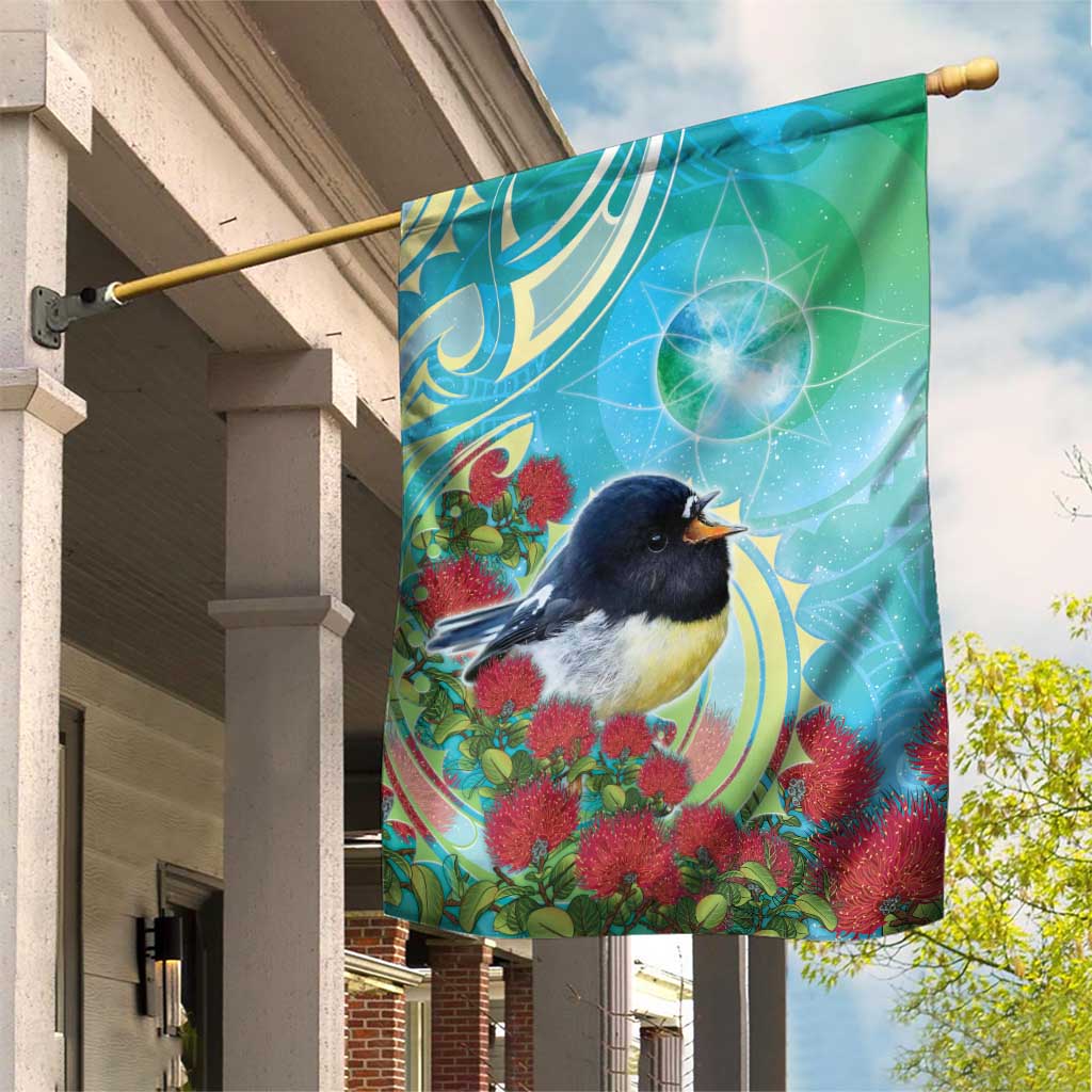 New Zealand Tomtit Garden Flag Maori Koru With Pohutukawa Galaxy Style LT05 House Flag Aqua - Polynesian Pride