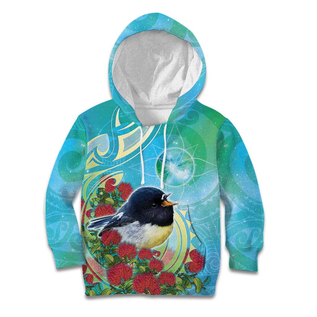 New Zealand Tomtit Kid Hoodie Maori Koru With Pohutukawa Galaxy Style LT05 Hoodie Aqua - Polynesian Pride