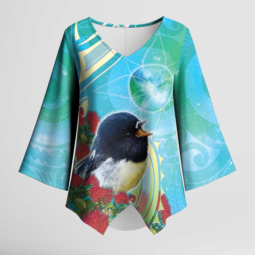 New Zealand Tomtit Kimono Sleeve Blouse Maori Koru With Pohutukawa Galaxy Style LT05 Female Aqua - Polynesian Pride