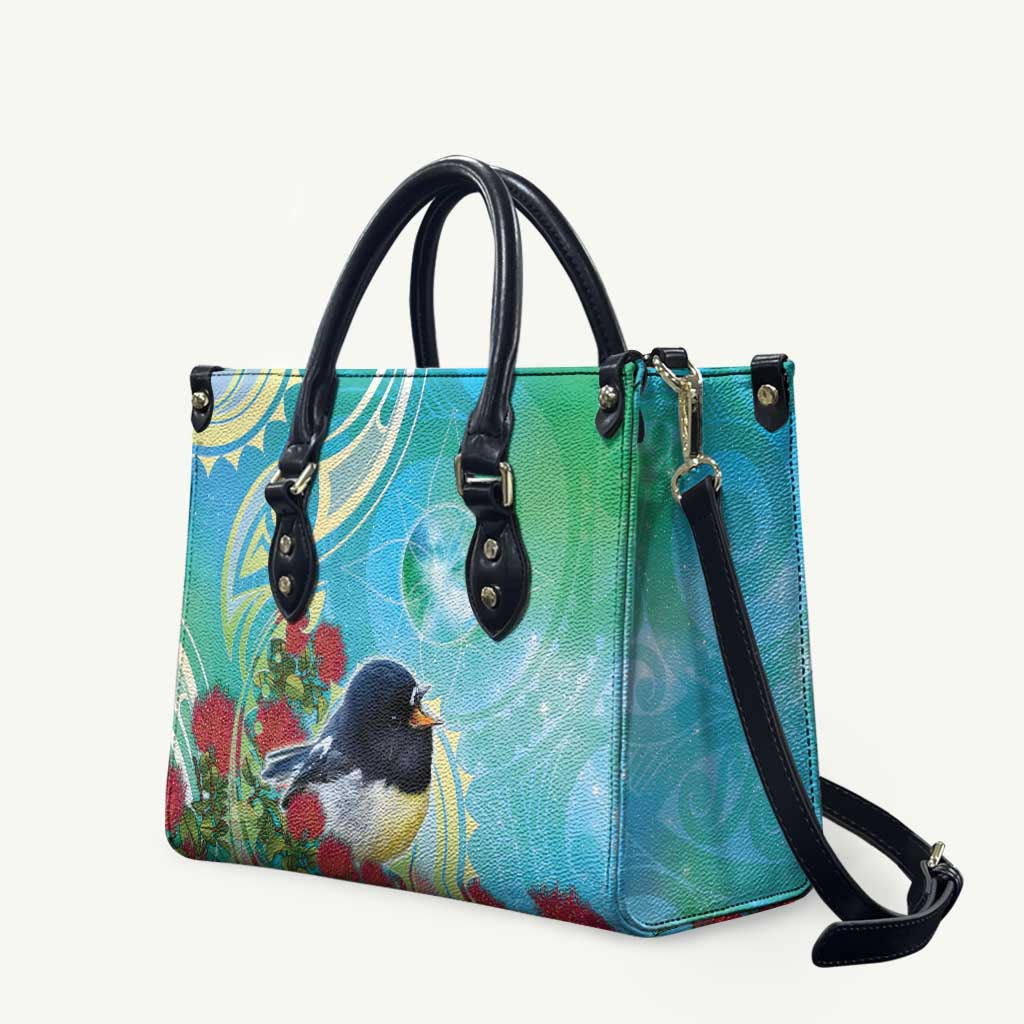 New Zealand Tomtit Leather Bag Maori Koru With Pohutukawa Galaxy Style LT05 Aqua - Polynesian Pride