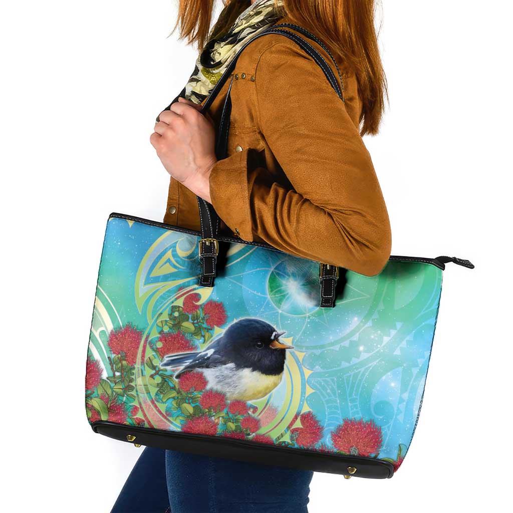 New Zealand Tomtit Leather Tote Bag Maori Koru With Pohutukawa Galaxy Style LT05 Aqua - Polynesian Pride