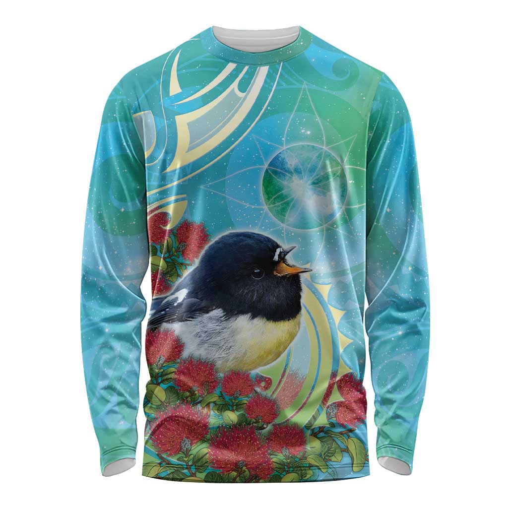 New Zealand Tomtit Long Sleeve Shirt Maori Koru With Pohutukawa Galaxy Style LT05 Unisex Aqua - Polynesian Pride