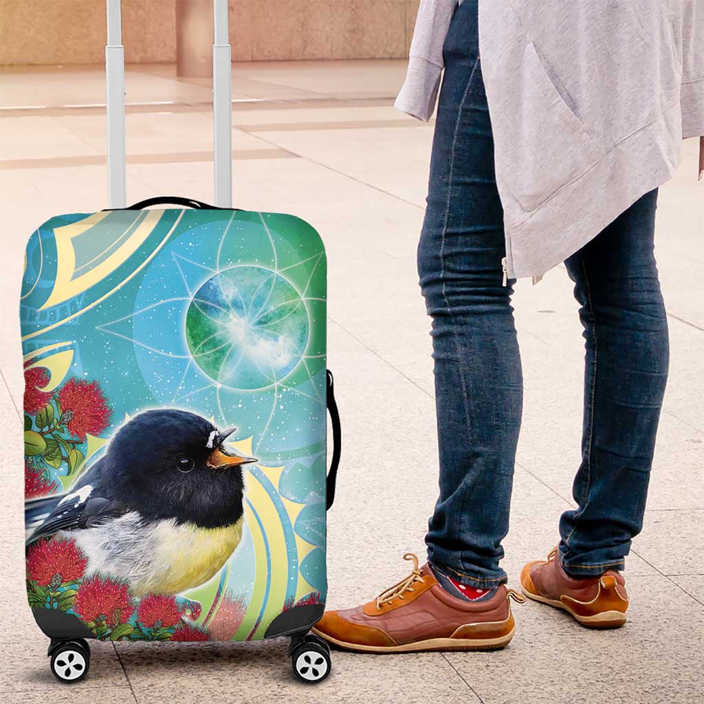 New Zealand Tomtit Luggage Cover Maori Koru With Pohutukawa Galaxy Style LT05 Aqua - Polynesian Pride