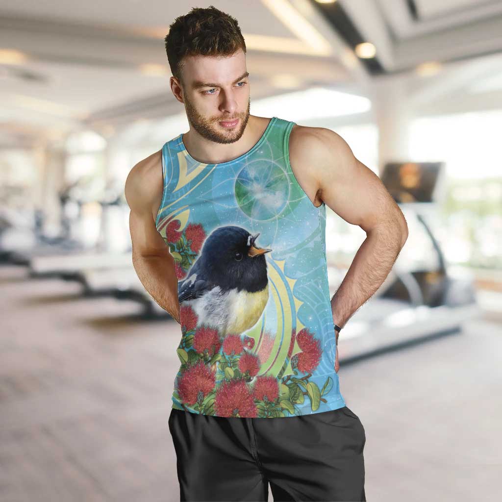 New Zealand Tomtit Men Tank Top Maori Koru With Pohutukawa Galaxy Style LT05 Aqua - Polynesian Pride