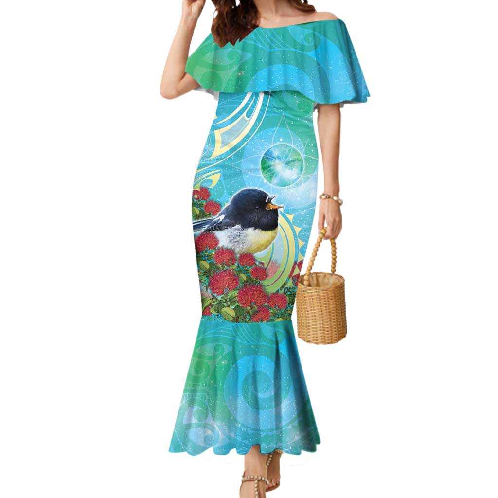 New Zealand Tomtit Mermaid Dress Maori Koru With Pohutukawa Galaxy Style LT05 Women Aqua - Polynesian Pride