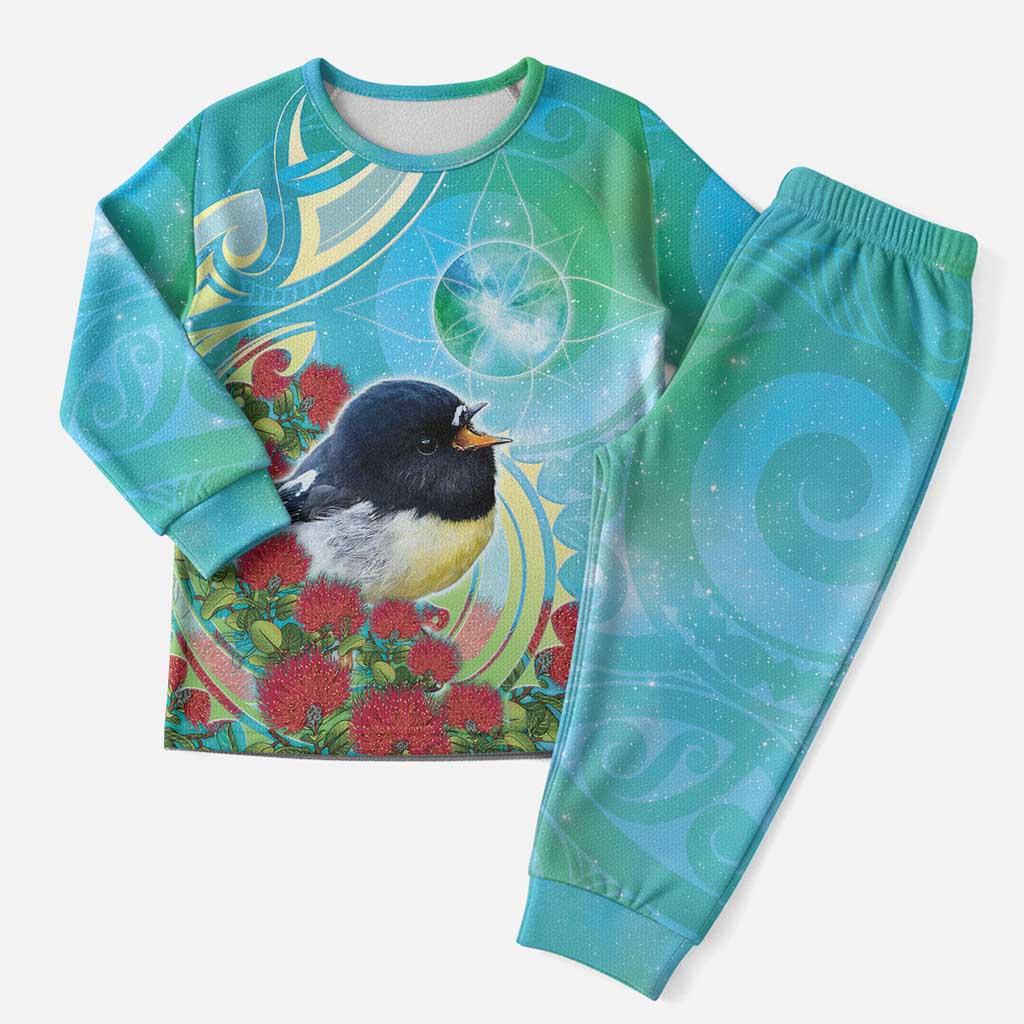 New Zealand Tomtit Christmas Pajama Set Maori Koru With Pohutukawa Galaxy Style LT05 Men Aqua - Polynesian Pride