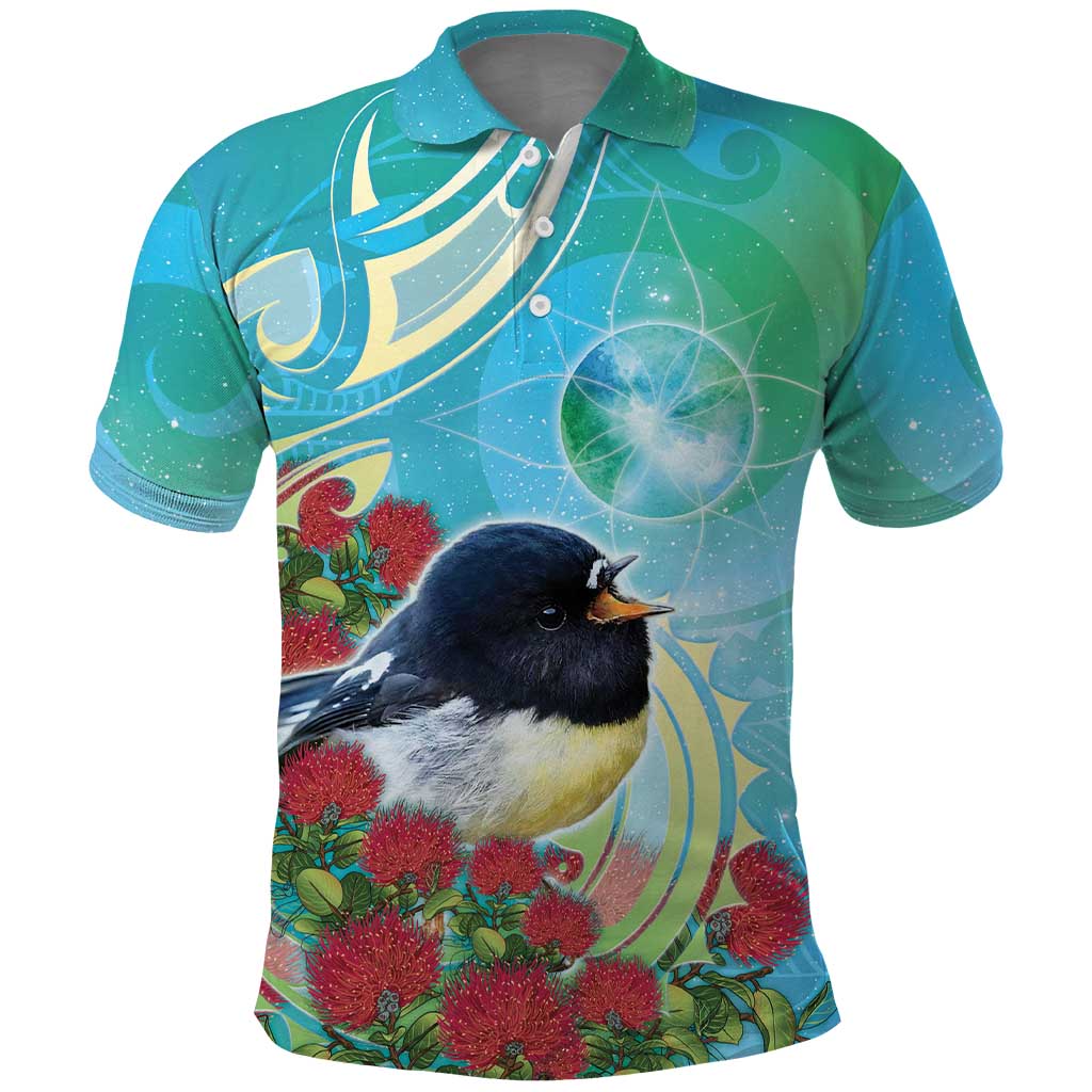 New Zealand Tomtit Polo Shirt Maori Koru With Pohutukawa Galaxy Style LT05 Aqua - Polynesian Pride