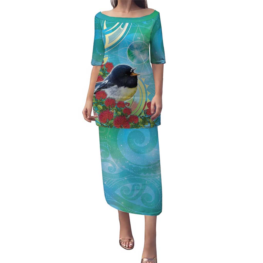 New Zealand Tomtit Puletasi Maori Koru With Pohutukawa Galaxy Style LT05 Long Dress Aqua - Polynesian Pride