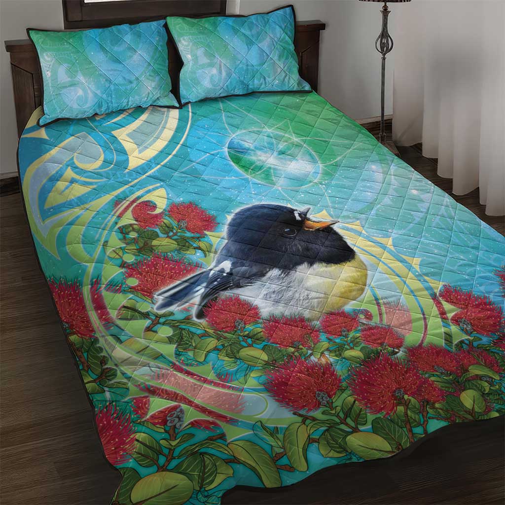 New Zealand Tomtit Quilt Bed Set Maori Koru With Pohutukawa Galaxy Style LT05 Aqua - Polynesian Pride