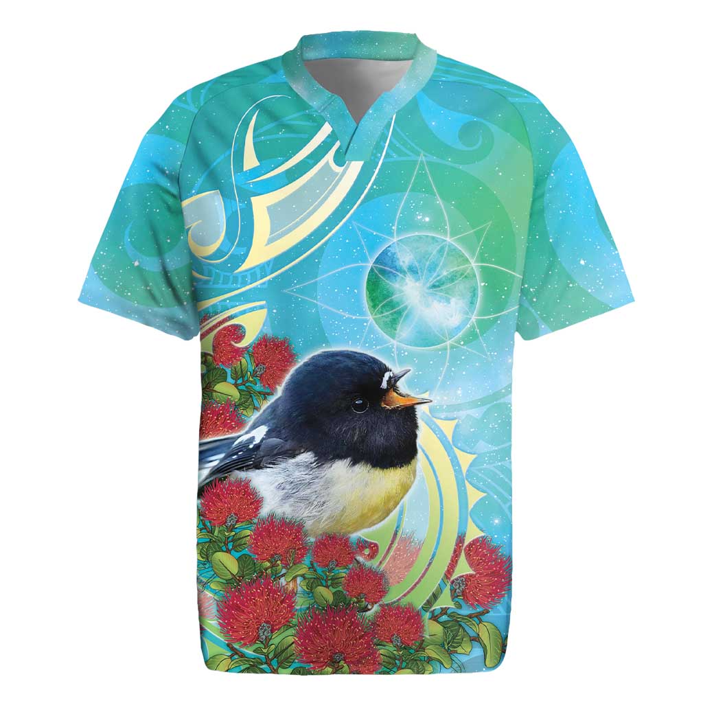 New Zealand Tomtit Rugby Jersey Maori Koru With Pohutukawa Galaxy Style LT05 Aqua - Polynesian Pride