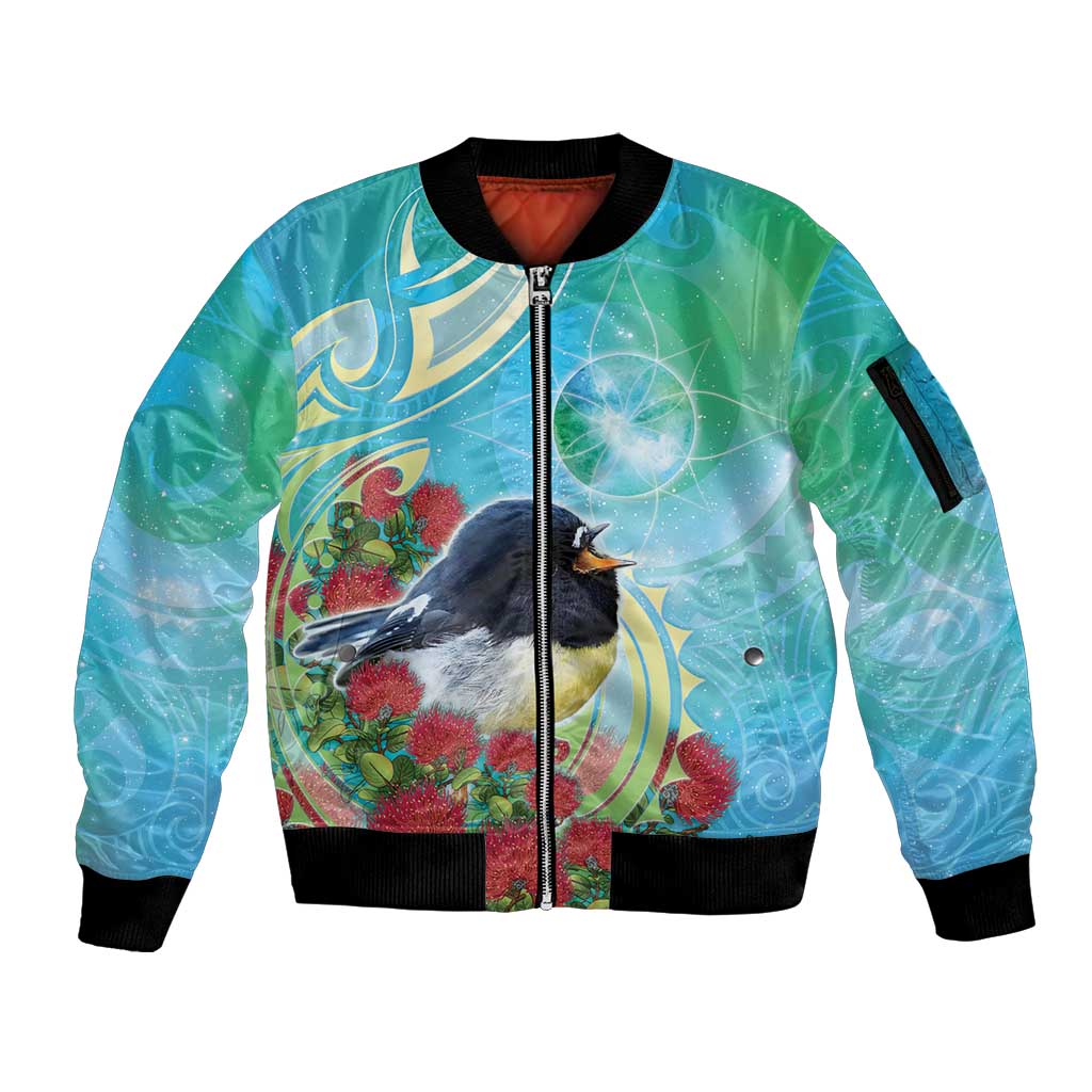 New Zealand Tomtit Sleeve Zip Bomber Jacket Maori Koru With Pohutukawa Galaxy Style LT05 Unisex Aqua - Polynesian Pride