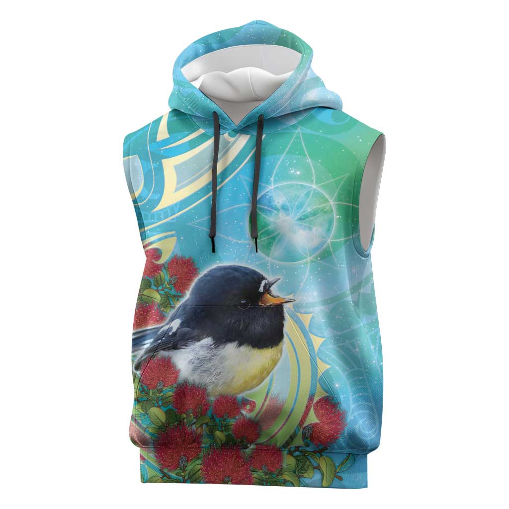 New Zealand Tomtit Sleeveless Hoodie Maori Koru With Pohutukawa Galaxy Style LT05 Aqua - Polynesian Pride