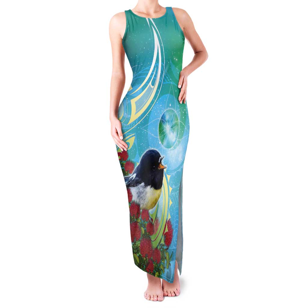 New Zealand Tomtit Tank Maxi Dress Maori Koru With Pohutukawa Galaxy Style LT05 Women Aqua - Polynesian Pride