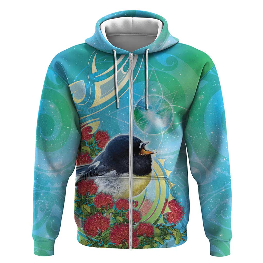 New Zealand Tomtit Zip Hoodie Maori Koru With Pohutukawa Galaxy Style LT05 Zip Hoodie Aqua - Polynesian Pride