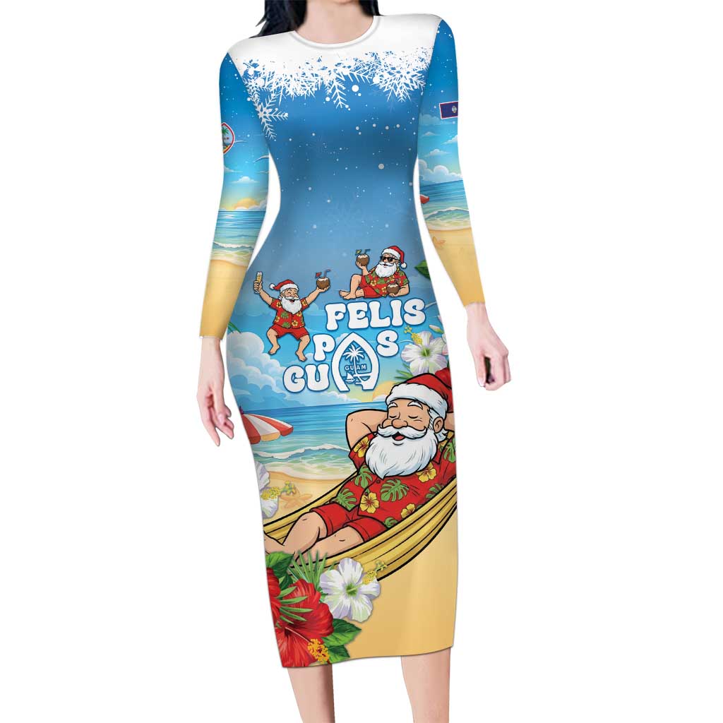 Guam Christmas Long Sleeve Bodycon Dress Felis Pasgua Chilling Santa LT05 Long Dress Blue - Polynesian Pride