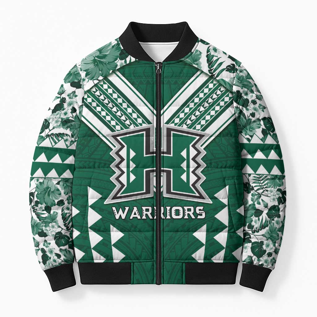 Custom Hawaii Football Bomber Puffer Jacket Rainbow Warriors Tropical Vibes LT05 Unisex Green - Polynesian Pride