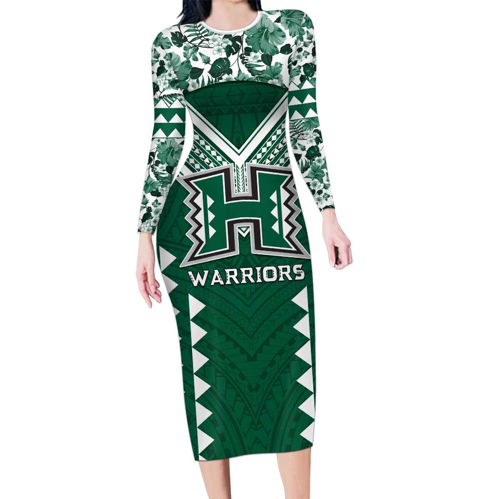 Custom Hawaii Football Long Sleeve Bodycon Dress Rainbow Warriors Tropical Vibes LT05 Long Dress Green - Polynesian Pride