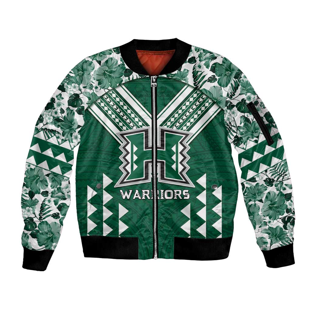 Custom Hawaii Football Sleeve Zip Bomber Jacket Rainbow Warriors Tropical Vibes LT05 Unisex Green - Polynesian Pride