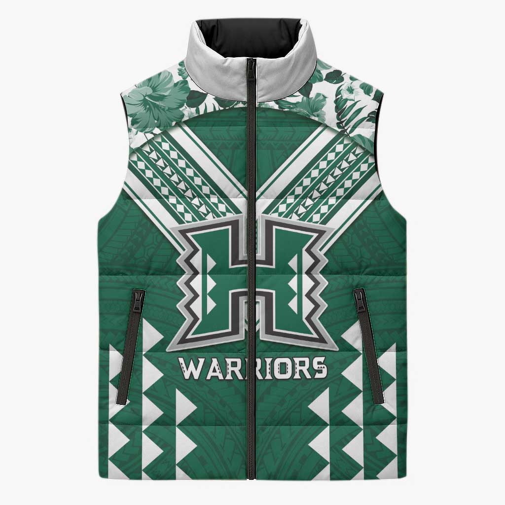 Custom Hawaii Football Sleeveless Puffer Jacket Rainbow Warriors Tropical Vibes LT05 Unisex Green - Polynesian Pride