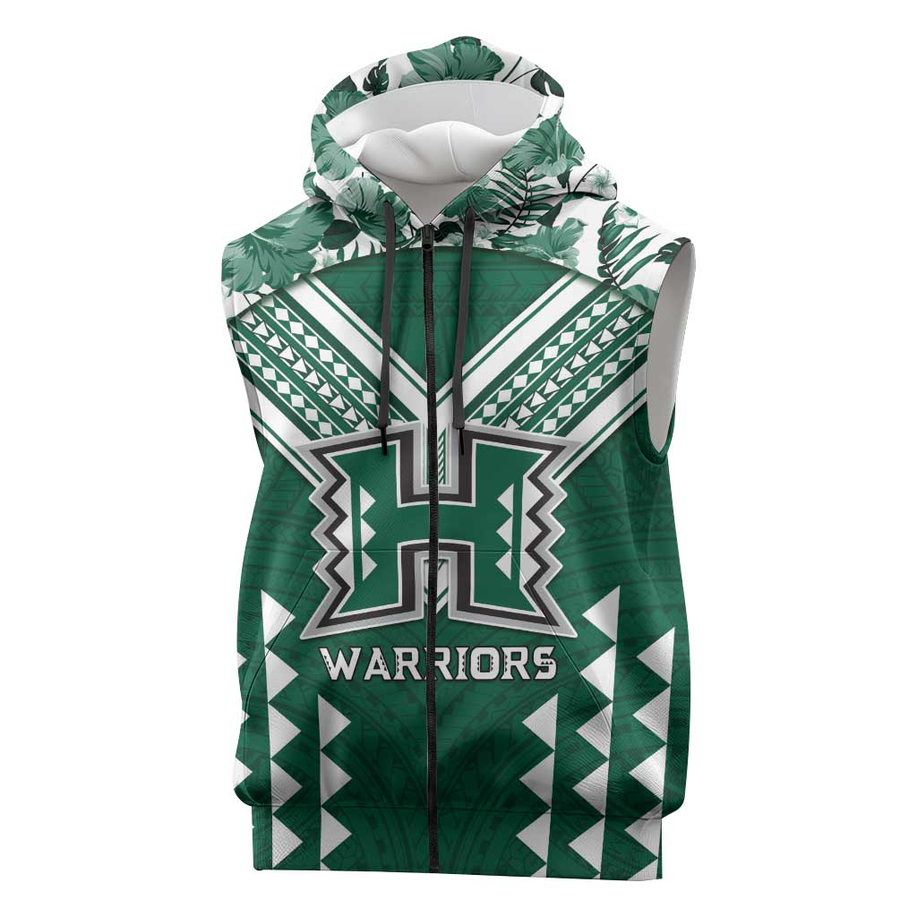 Custom Hawaii Football Sleeveless Zip Hoodie Rainbow Warriors Tropical Vibes LT05 Green - Polynesian Pride