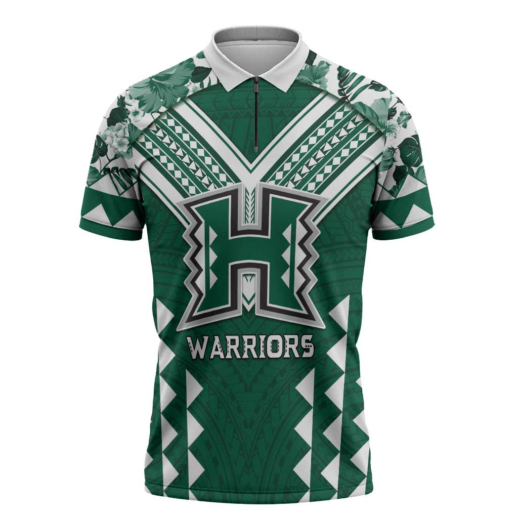 Custom Hawaii Football Zipper Polo Shirt Rainbow Warriors Tropical Vibes LT05 Green - Polynesian Pride