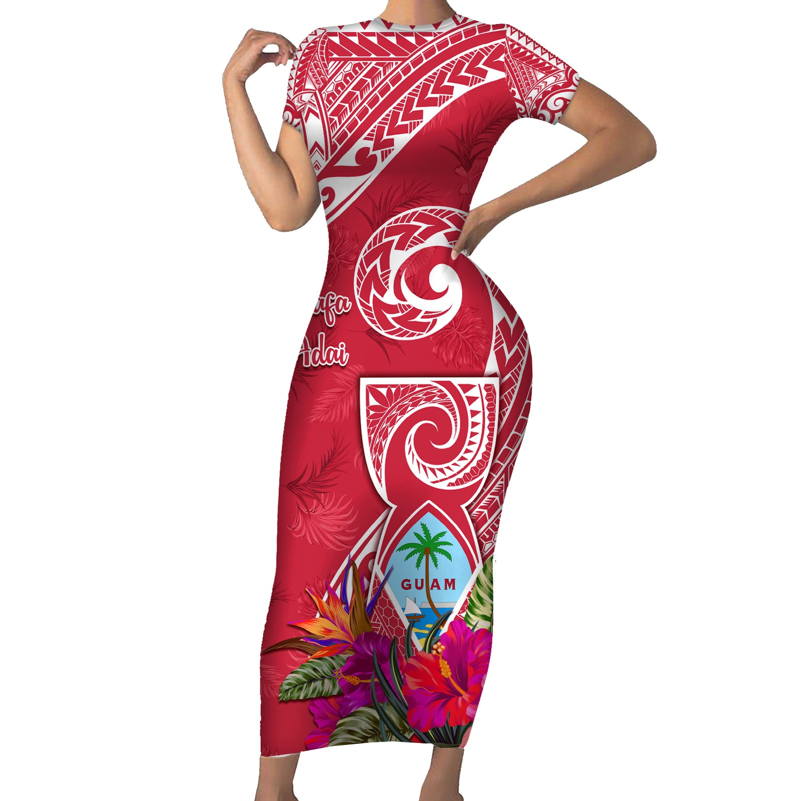 Personalised Hafa Adai Guam History and Chamorro Heritage Day Short Sleeve Bodycon Dress Red Latte Stone LT05 Long Dress Red - Polynesian Pride