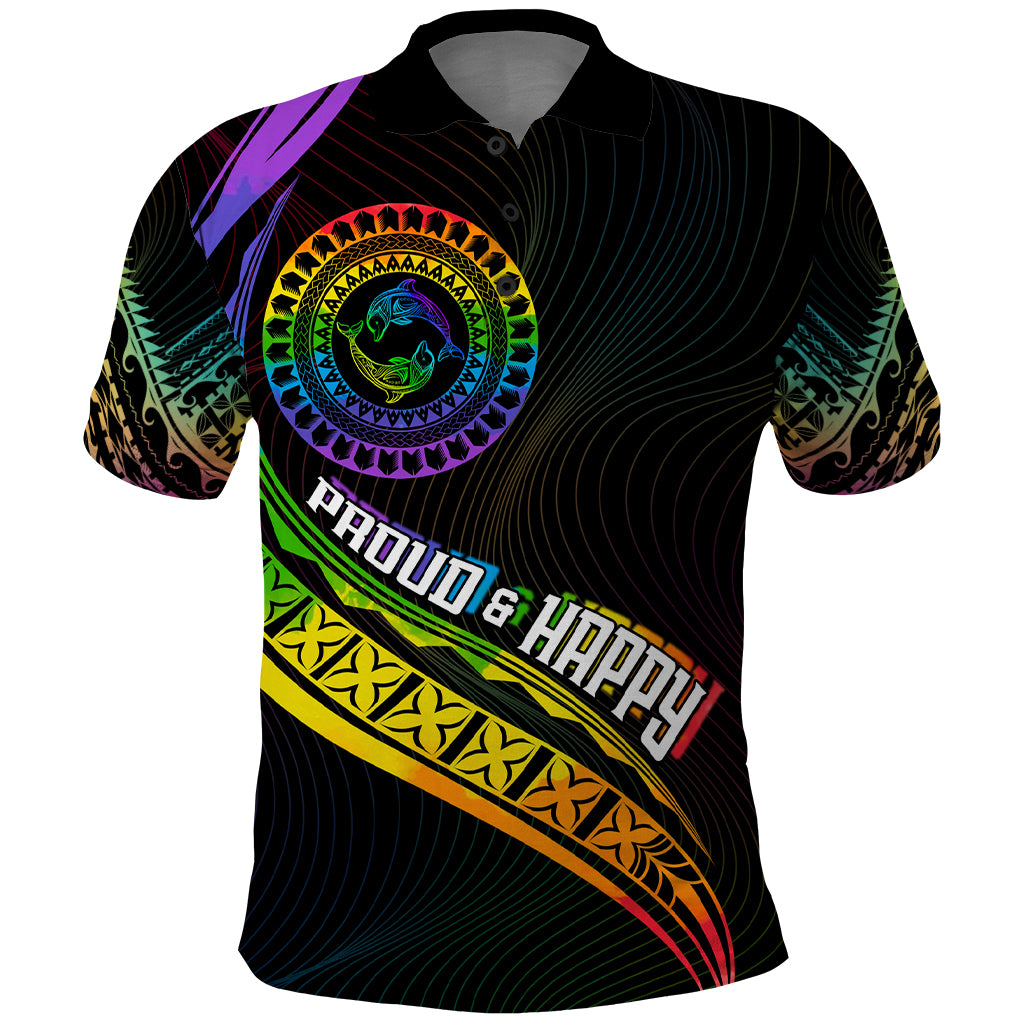 Personalised LGBT History Month Polo Shirt Proud And Happy Polynesian Dolphin LT05 Black - Polynesian Pride