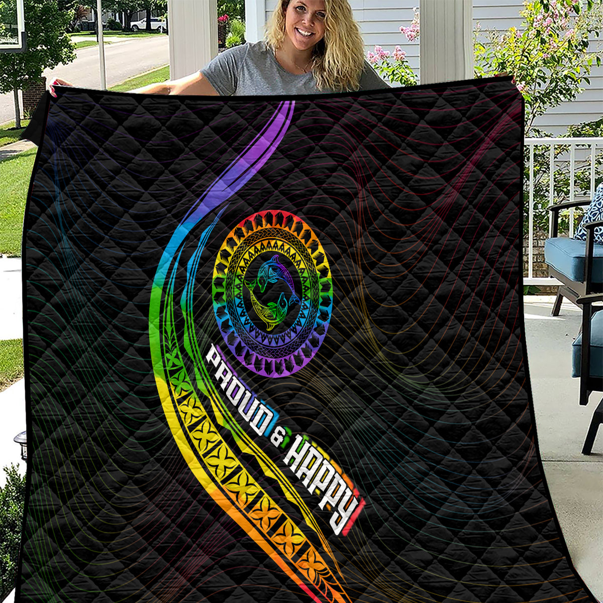 LGBT History Month Quilt Proud And Happy Polynesian Dolphin LT05 Black - Polynesian Pride