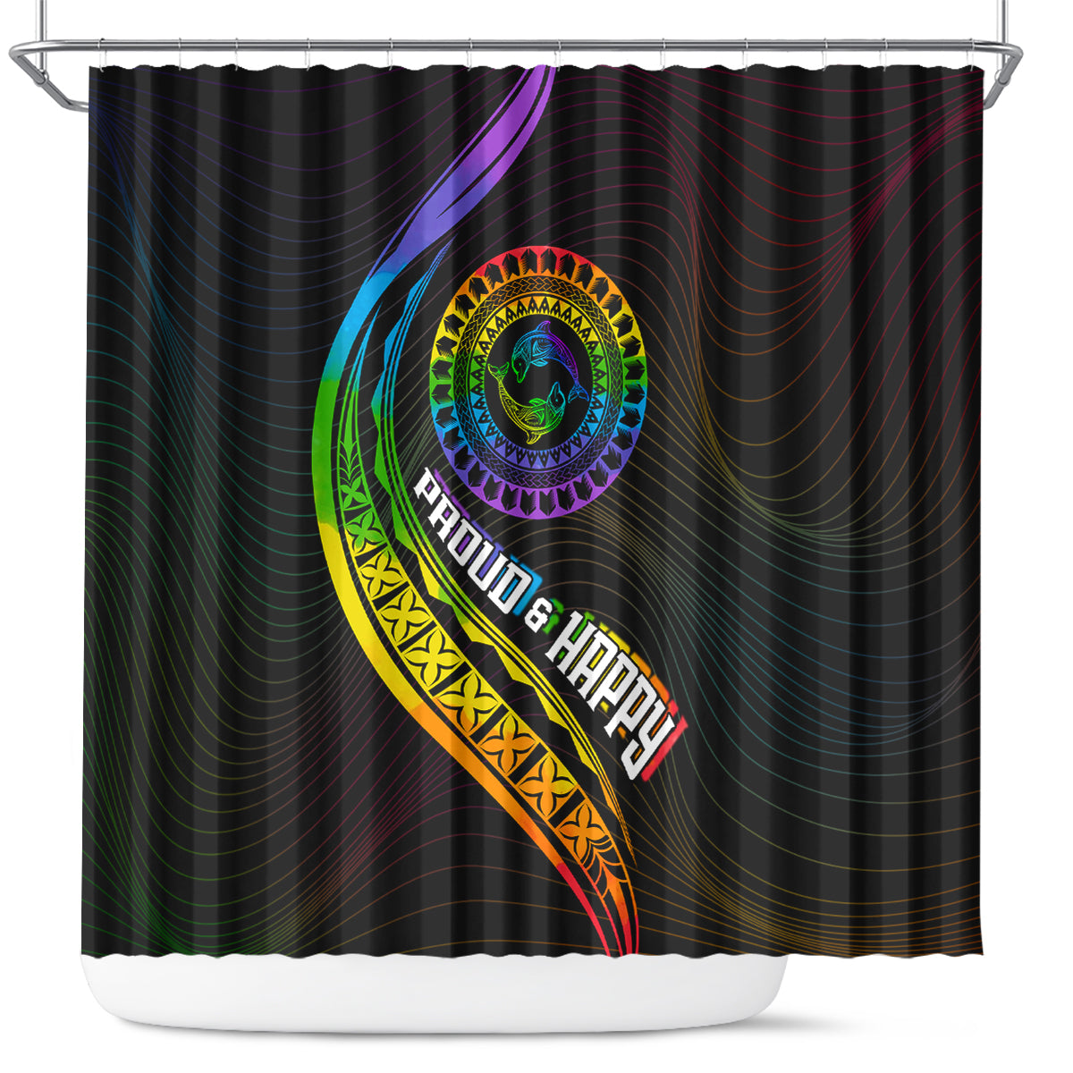 LGBT History Month Shower Curtain Proud And Happy Polynesian Dolphin LT05 Black - Polynesian Pride