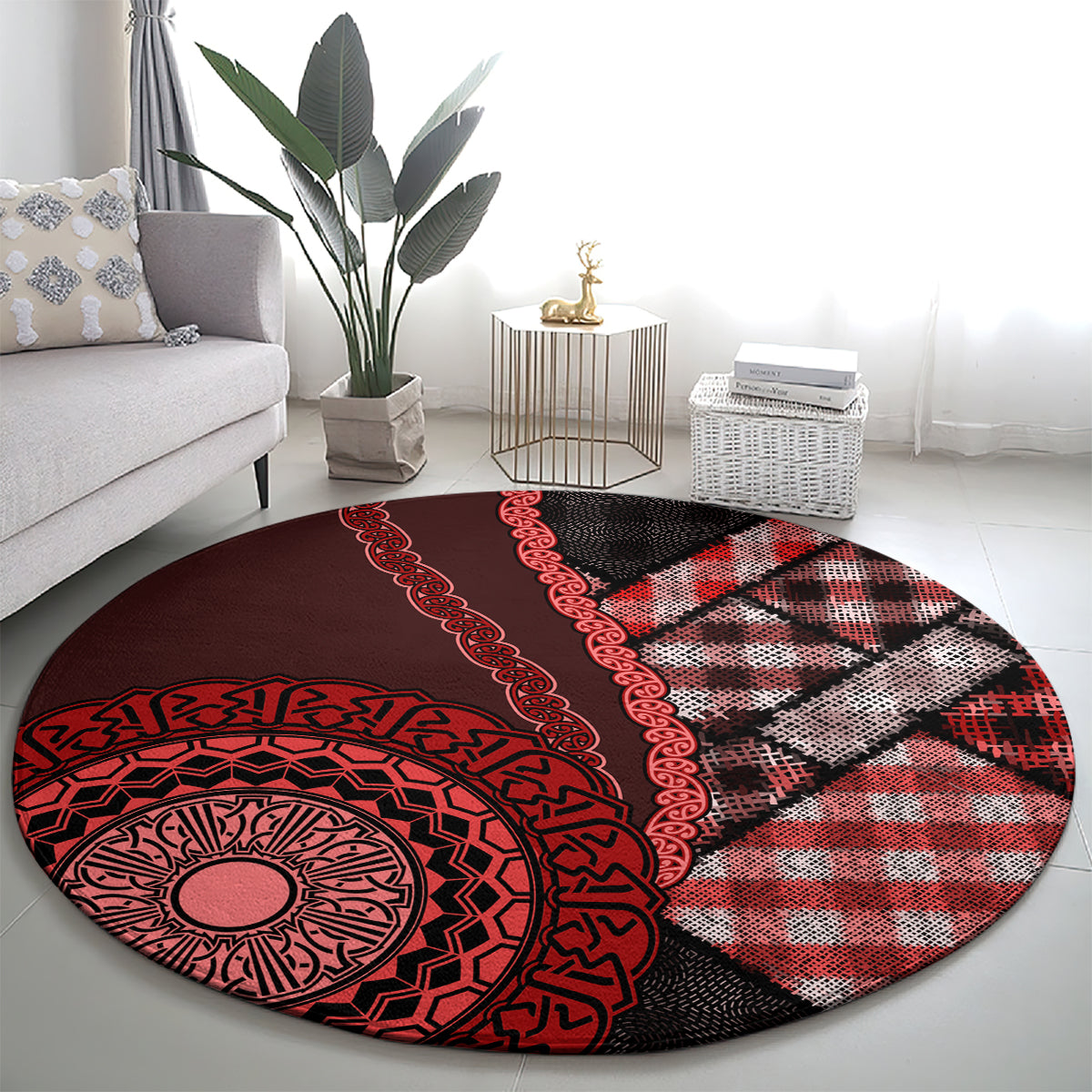 New Zealand Aotearoa Round Carpet Maori Harakeke Weaving Pattern Red LT05 - Polynesian Pride