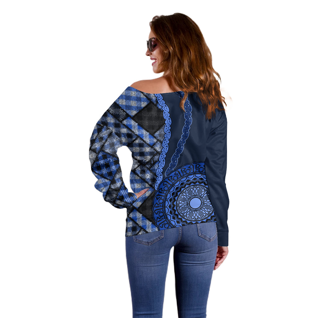 New Zealand Aotearoa Off Shoulder Sweater Maori Harakeke Weaving Pattern Blue LT05 - Polynesian Pride