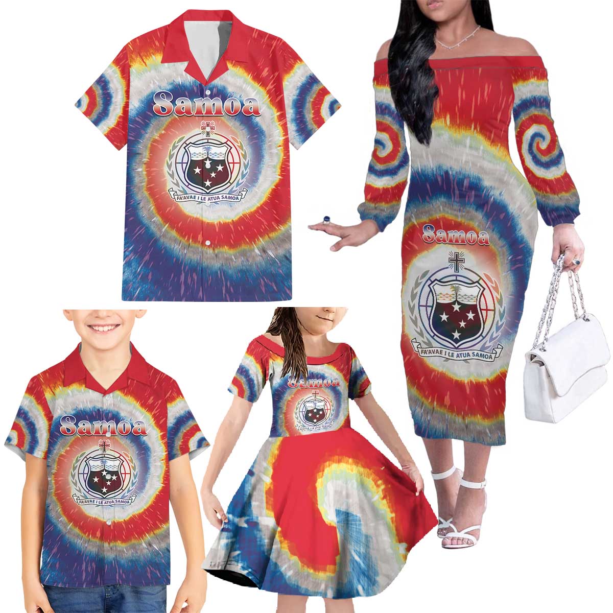 Samoa Family Matching Off The Shoulder Long Sleeve Dress and Hawaiian Shirt Tie Dye Unique Style