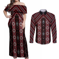 New Zealand Aotearoa Couples Matching Off Shoulder Maxi Dress and Long Sleeve Button Shirt Red Poutama With Taniko Pattern LT05 Red - Polynesian Pride