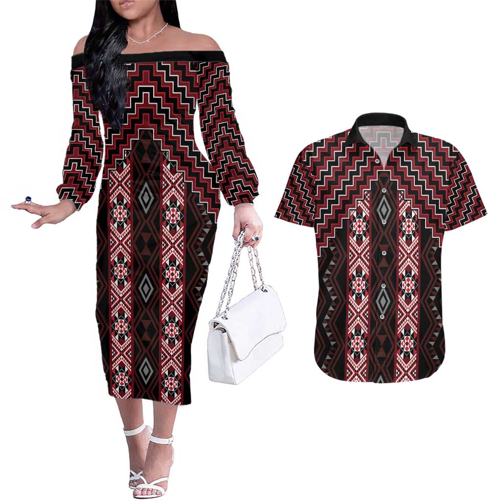 New Zealand Aotearoa Couples Matching Off The Shoulder Long Sleeve Dress and Hawaiian Shirt Red Poutama With Taniko Pattern