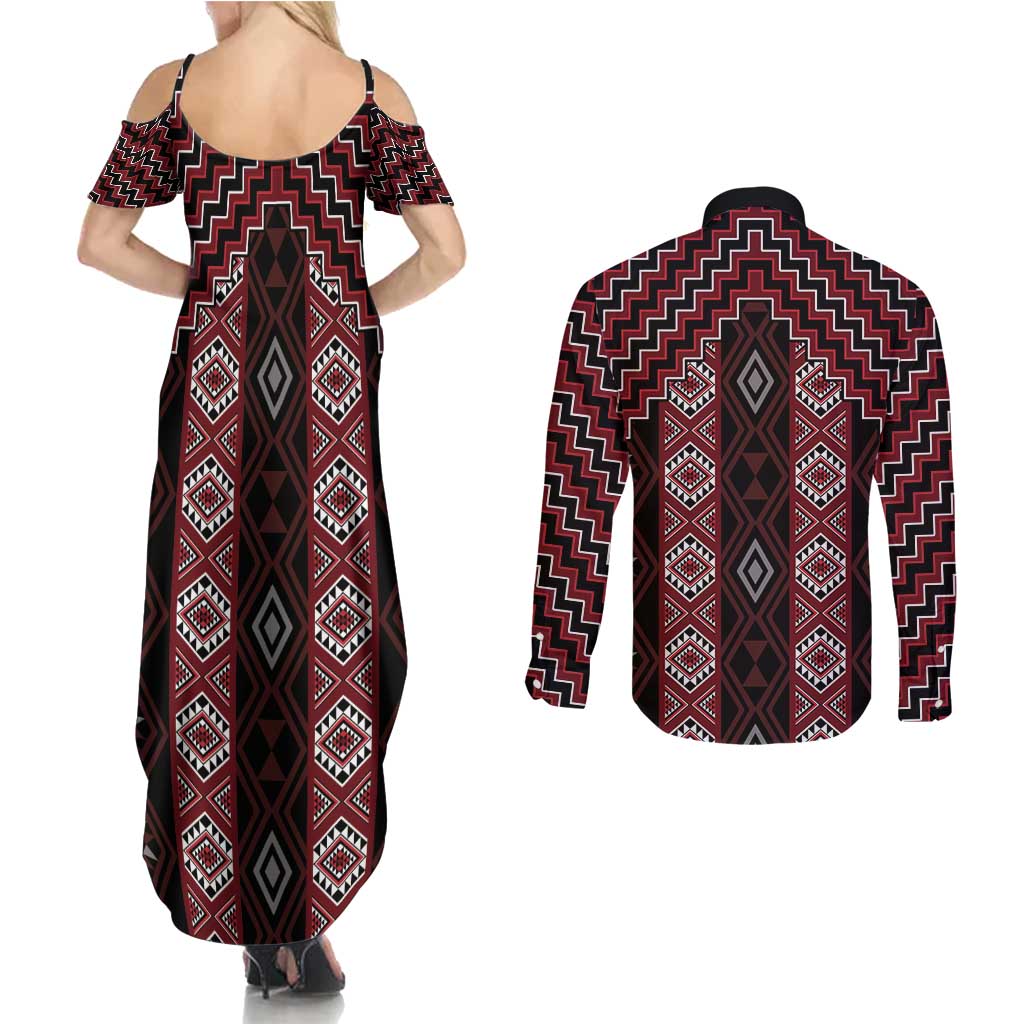 New Zealand Aotearoa Couples Matching Summer Maxi Dress and Long Sleeve Button Shirt Red Poutama With Taniko Pattern LT05 - Polynesian Pride